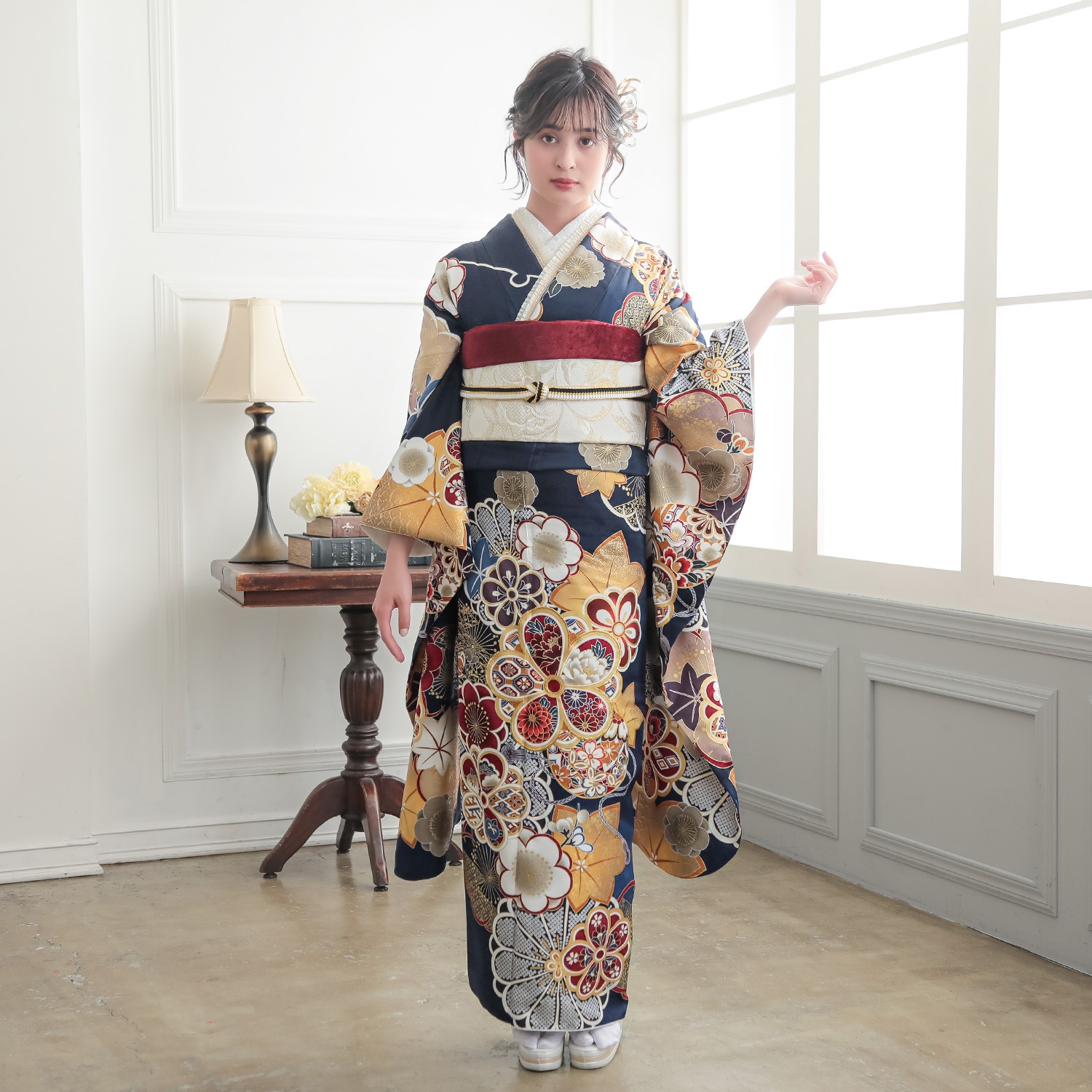 紺 友禅 梅に楓と鈴（【振袖・袋帯・長襦袢のセット商品