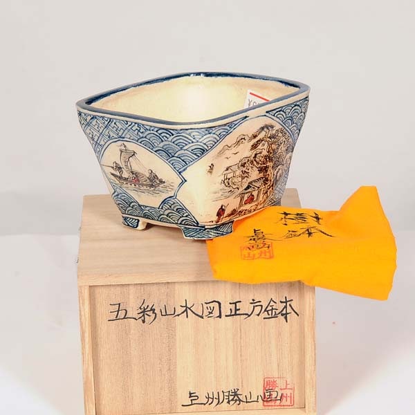 盆栽小鉢：寿（上州勝山画）五彩山水図 正方鉢 【現品】*資材 | 盆栽鉢