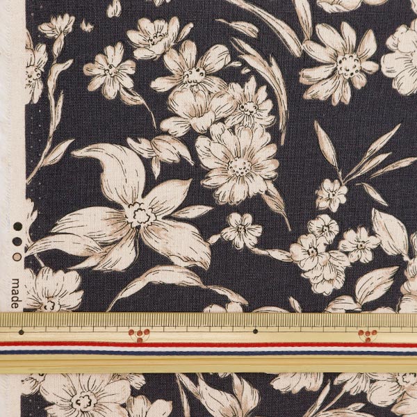 数量5から】 生地 『綿麻キャンバス エッチングフラワー ネイビー