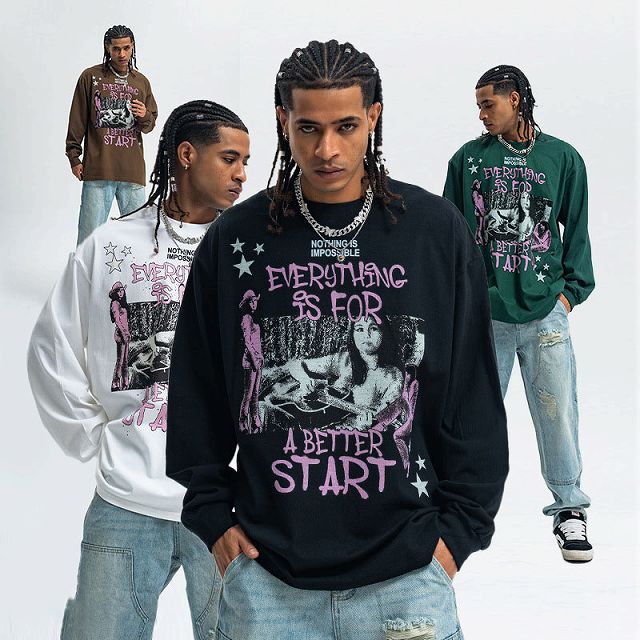 メンズファッション ビンテージ風 長袖Tシャツ 男女兼用 ストリート系