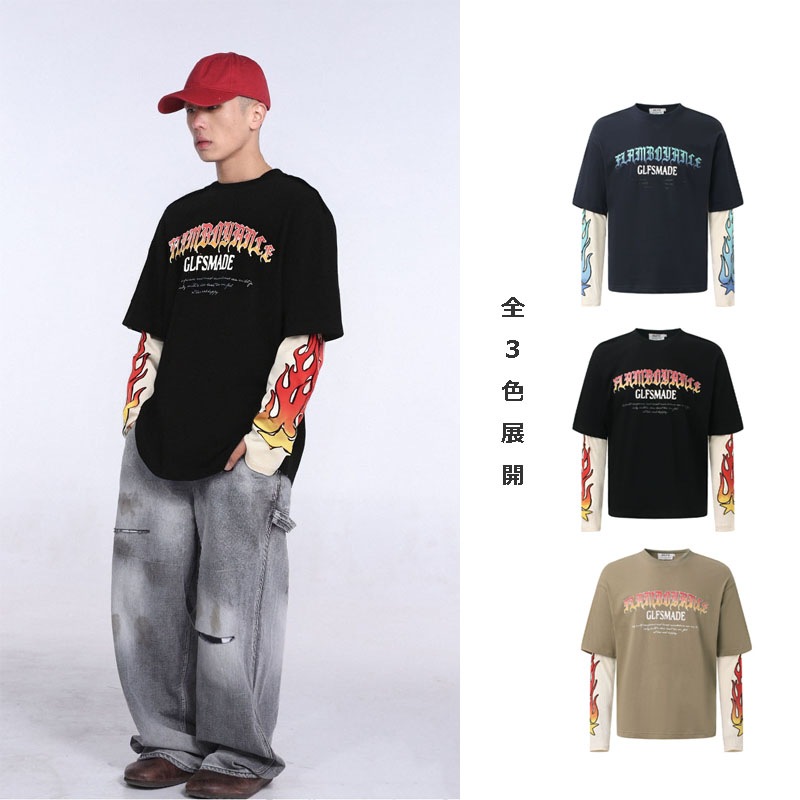 メンズ フレイム柄 レイヤード風 長袖Tシャツ カレッジスタイル