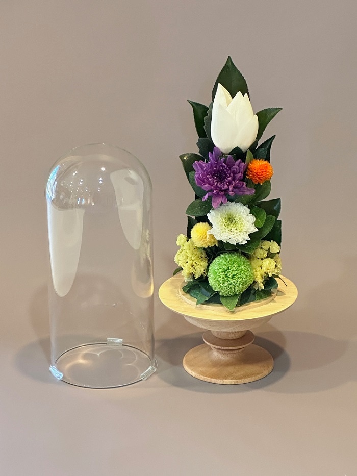 プリザーブドフラワー仏花 ガラスドーム大 蓮（全高27cm） | お供え花