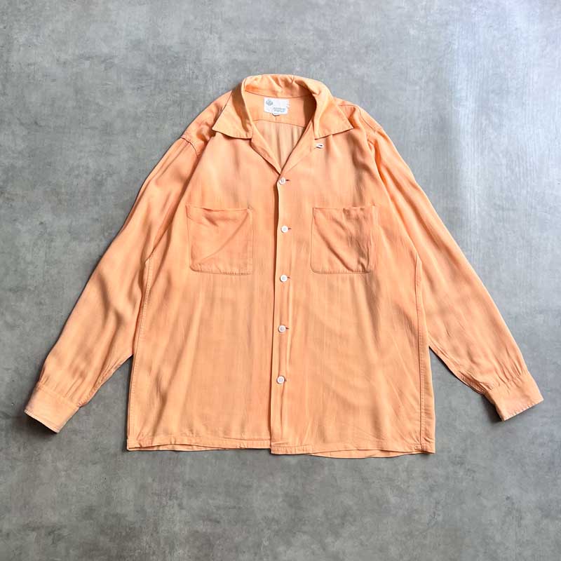 60'S DONEGAL Open Collar Long Sleeve Rayon Shirts SALMON PINK/L 60