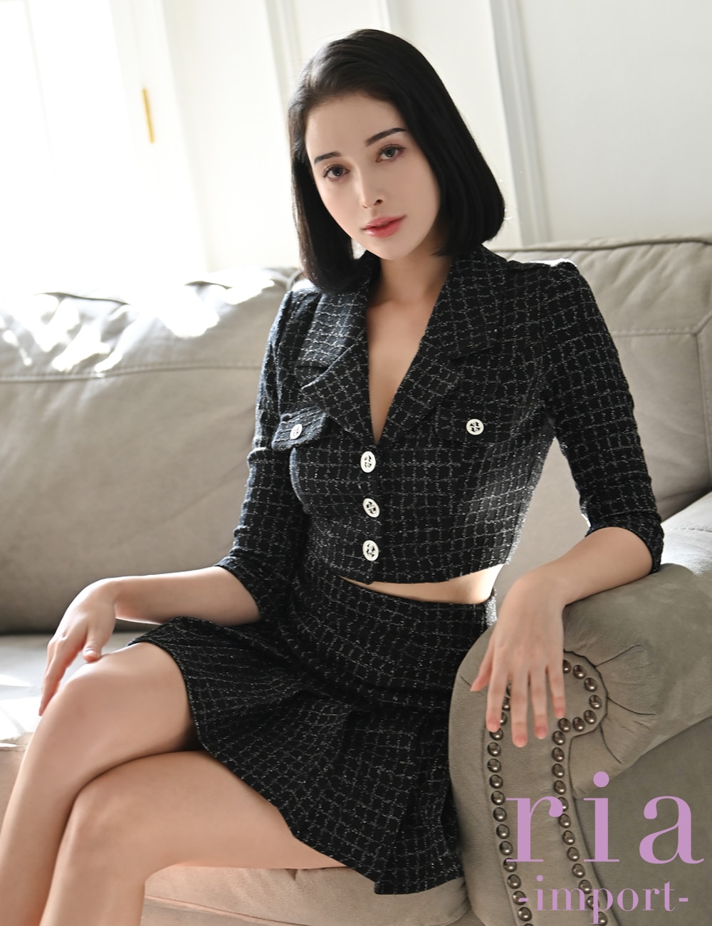 ria】ミニ/ドレス/セットアップ/ブラック/袖あり/長袖/プリーツ/襟付き