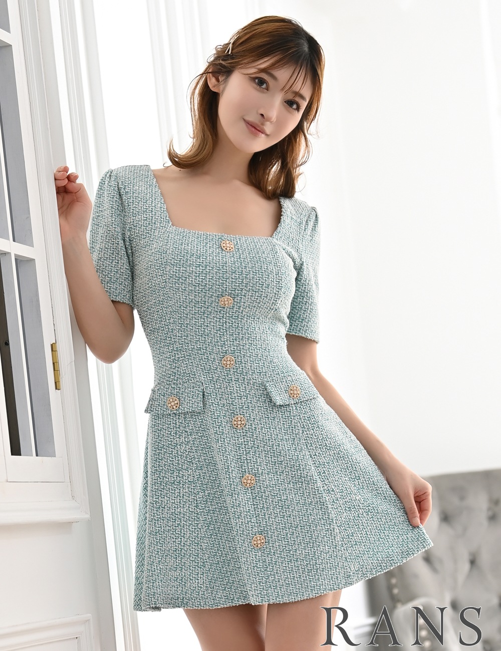 Sのみ即納][instock]【RANS】ミニ/ドレス/ワンピース/グリーン/半袖