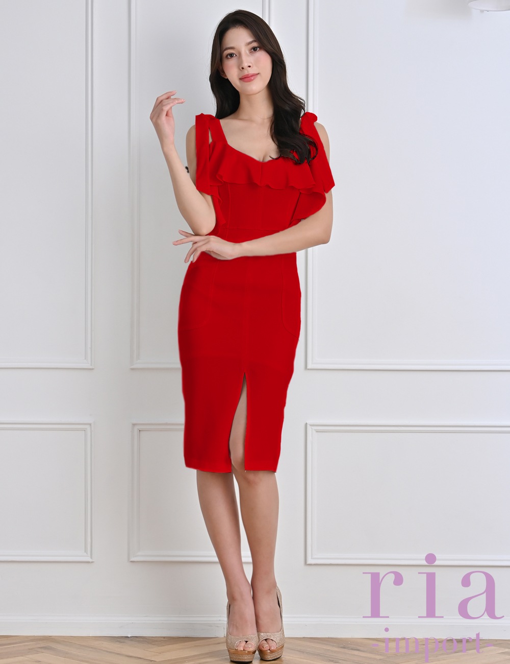 ria】丈長/ドレス/ワンピース/タイト/レッド/リボン/オフショル/2way