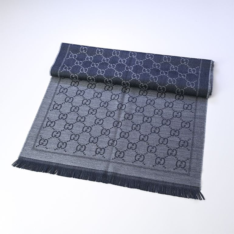 GUCCI マフラー 狼の刺繍 ネイビー/グレー