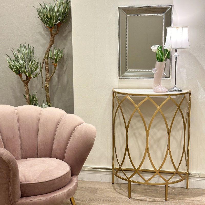 大理石天板のゴールドコンソールテーブル 半円 高さ85cm | アイアン