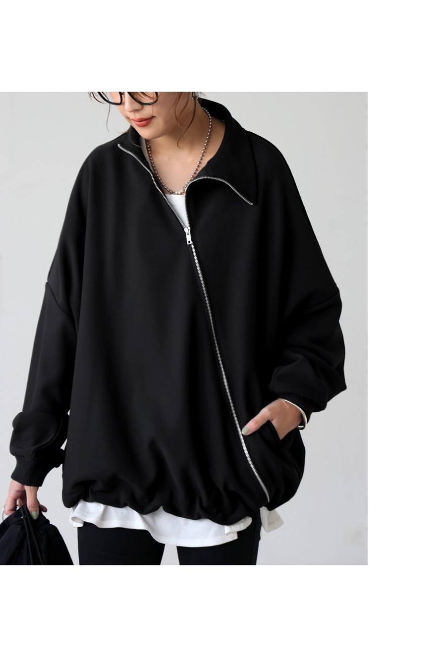 斜めZIP 裏起毛 ジョーゼットジャケット レディース 送料無料・再入荷