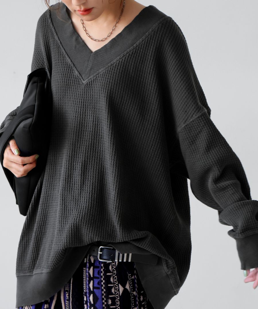 ピグメント加工 鬼ワッフル VネックPO レディース 送料無料・再入荷