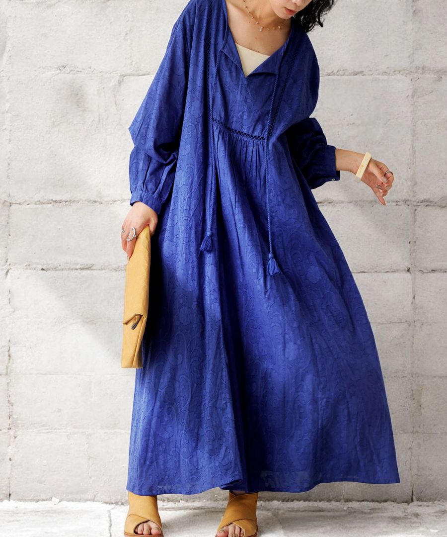 インド綿 ダマスク柄刺繍ワンピ ワンピース レディース 送料無料