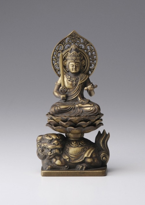 仏像】文殊菩薩 - 合金製 古美金仕上げ 総高15cm 高岡銅器 | 日本の