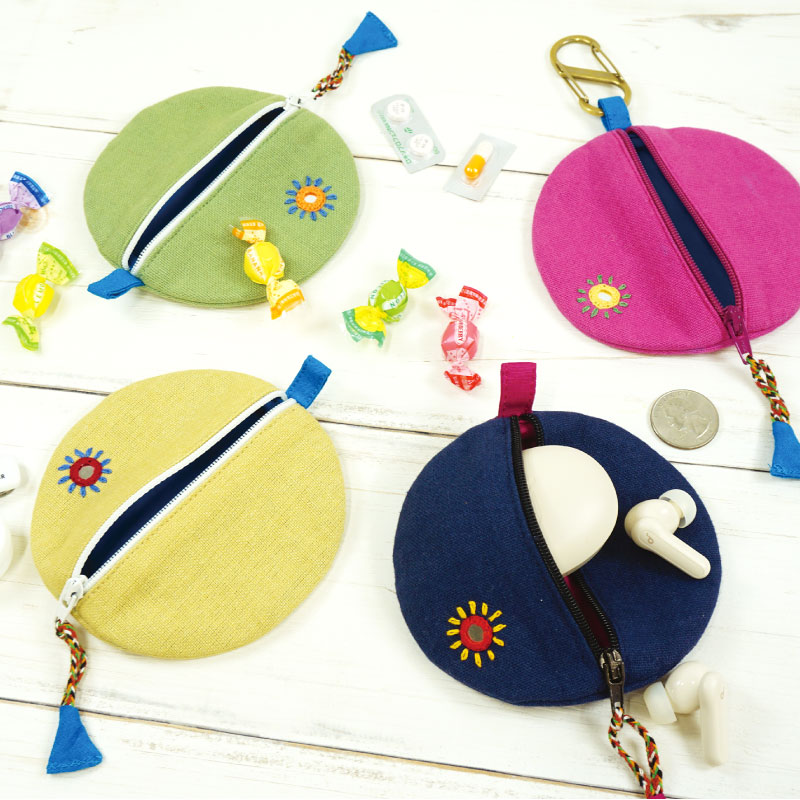 ミラー刺繍 ミニまるポーチ 鳥（セージグリーン） | 第3世界ショップ