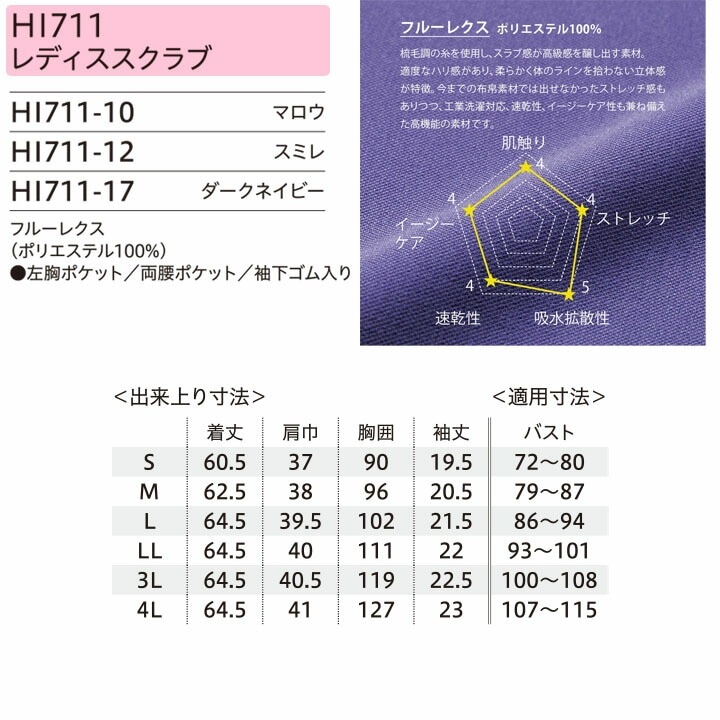 ワコール スクラブ 医療 白衣 フォーク 女性用スクラブ FOLK HI711