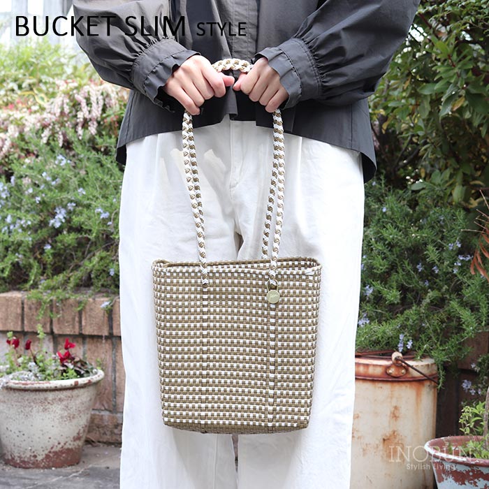 メルカド バッグ レトラ MINI CHECK BUCKET SLIM ゴールド x ホワイト