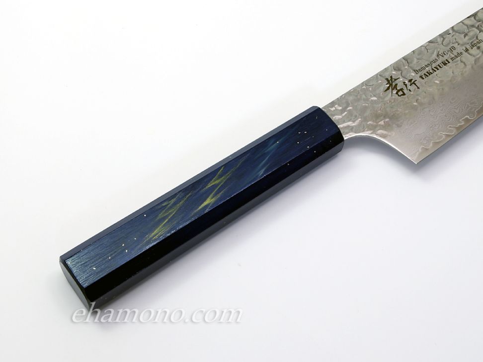 堺孝行 V金10号ダマスカス33層鎚目 剣型牛刀（切付牛刀）190 樫漆彩石