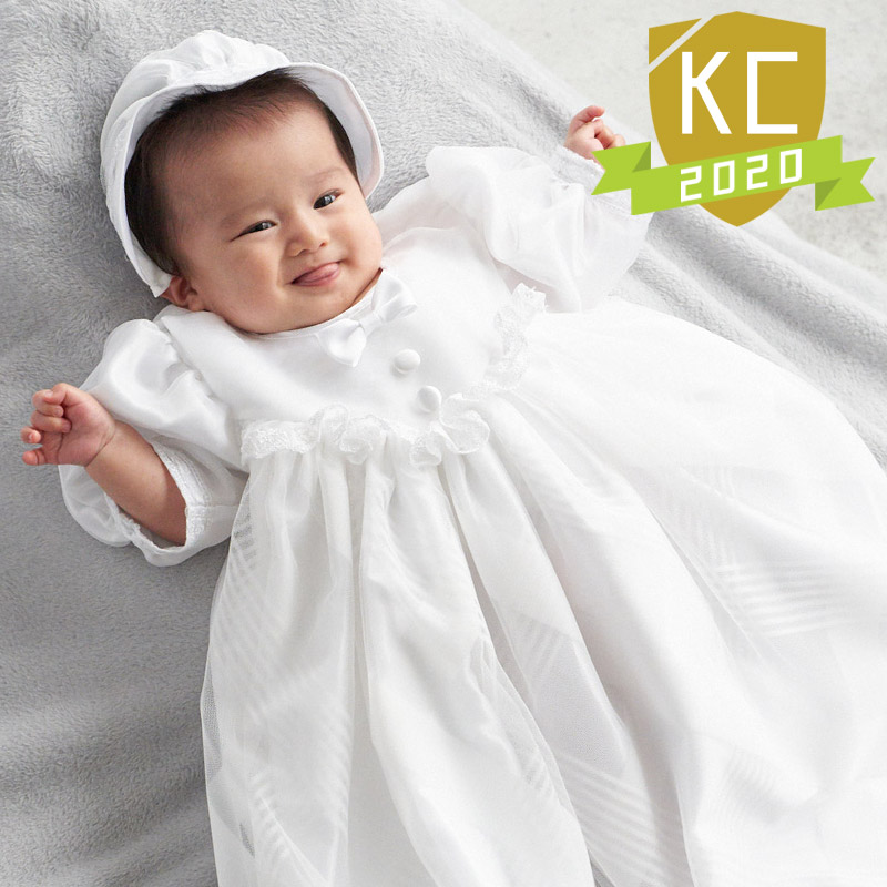 ベビードレス オフ白 チェック ワイヤー帽子付 0才 前開き | 初着