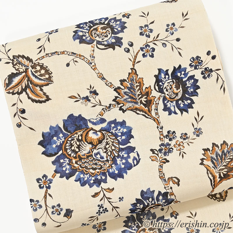 多ち花 染名古屋帯（大花更紗・山吹茶に藍/生紬）多ち花『着物・呉服