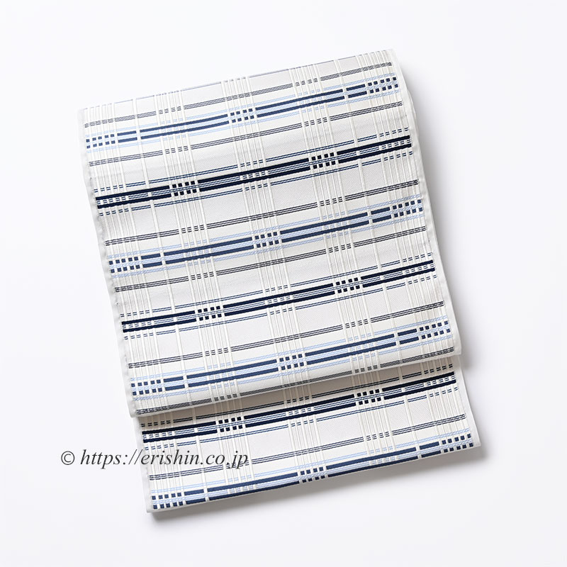 美術工芸 啓 九寸織名古屋帯（錦熨斗目/深縹色を中心に水色を添えて