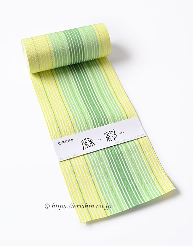 博多半幅帯（麻絹/若芽色に緑の縞）西村織物『着物・呉服えり新』
