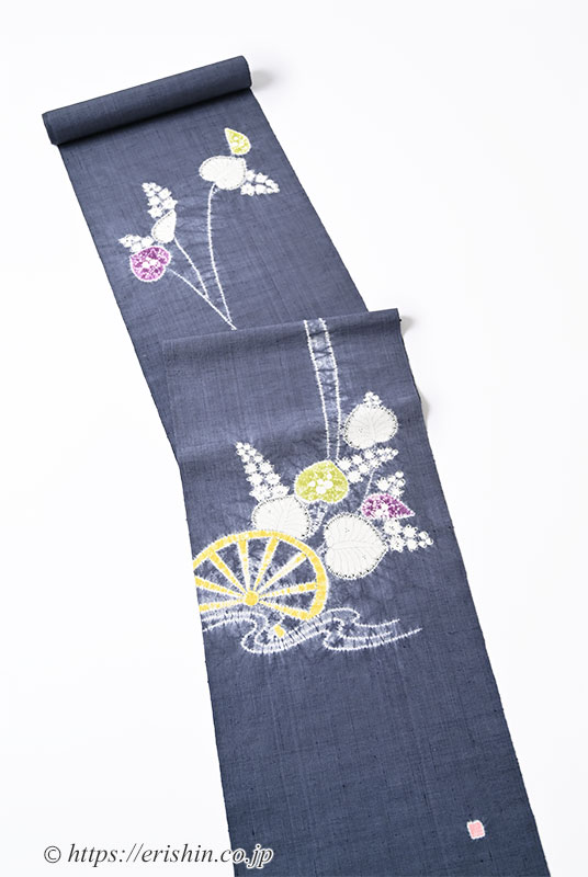 森健持 染名古屋帯（水車に葵・辻ケ花/紬地）森健持『着物・呉服えり新』