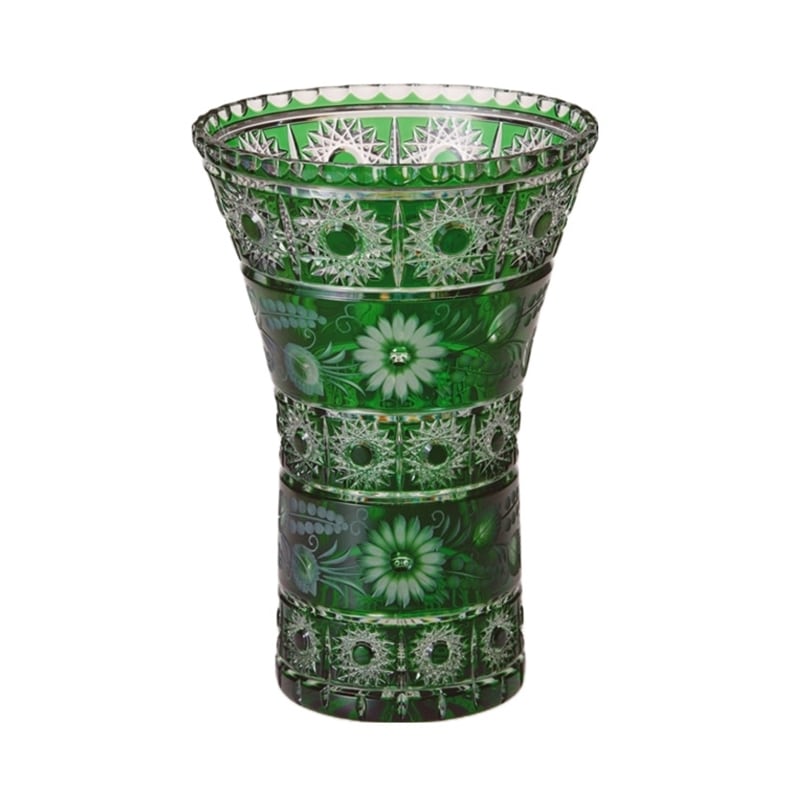 緑色 クリスタルカットガラス 花瓶 バルーン型 緑色 クリスタルカット