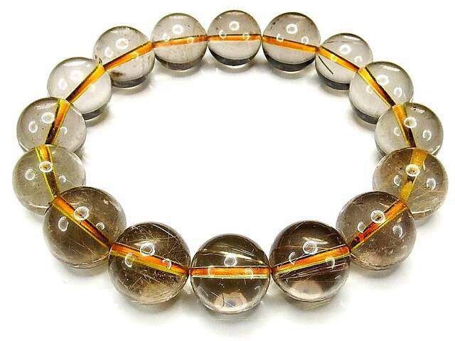 極透明細針ゴールドルチルスモーキークォーツ大玉14mm前後ブレスレット