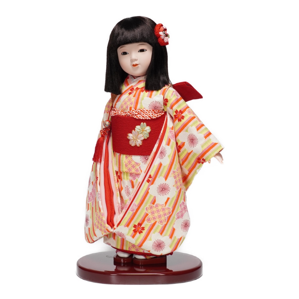 市松人形】8号 友禅(黄緑) 縦縞桜〈小出松寿作〉[223-029] ｜雛人形