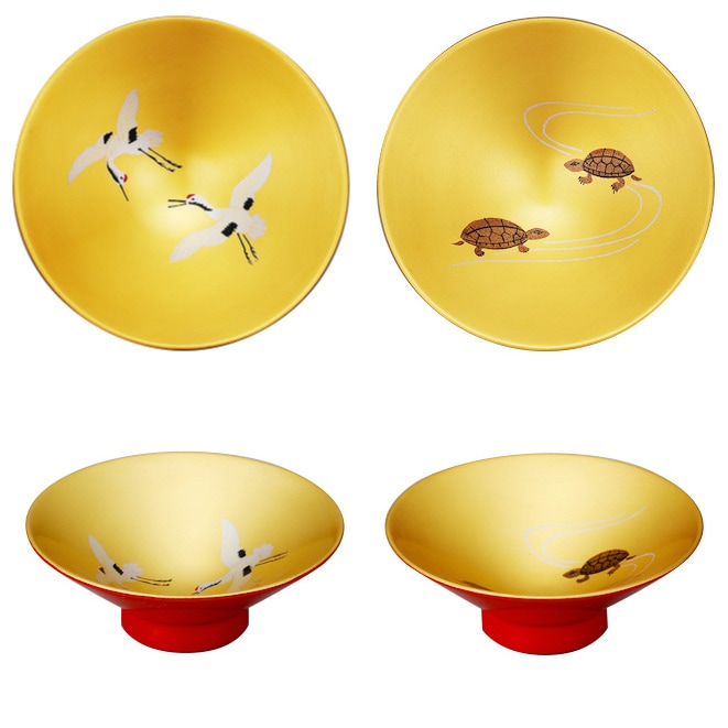 お値下げ！輪島塗 金蒔絵 花鳥 松に鶴紋様 三重盃 朱塗 漆器 盃杯 酒器