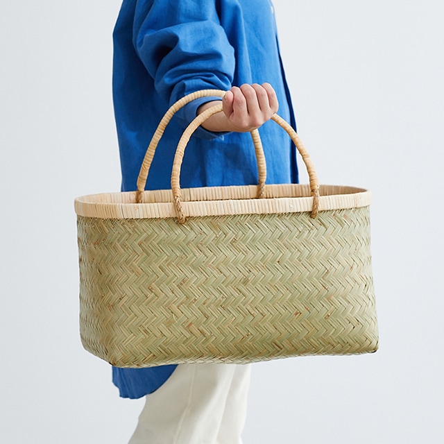 青竹市場かご(楕円/籐取手/大サイズ)(約)幅44×マチ24×本体高さ27cm(約