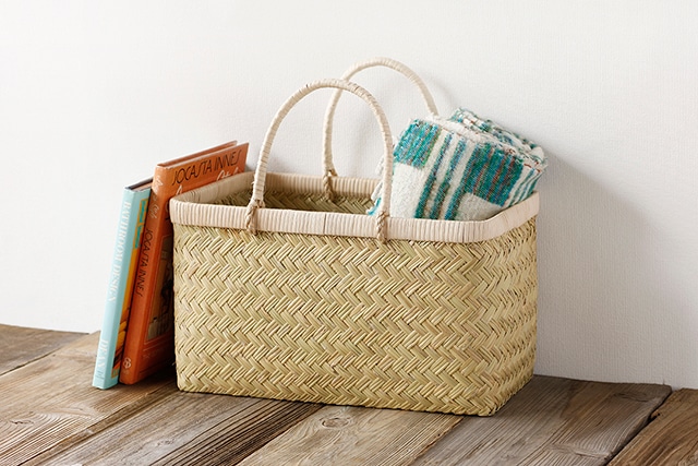 スズ竹市場かご(岩手県鳥越竹細工/籐ハンドル/中サイズ)(約)幅41×マチ