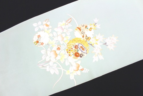 銘品新品】京都老舗銘店「ゑり善」高級塩瀬帯 ベージュ色「褄霞文様