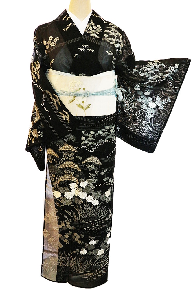 正絹夏訪問着 レンタルフルセット「銀彩総柄 流水に松菊」 | すべての