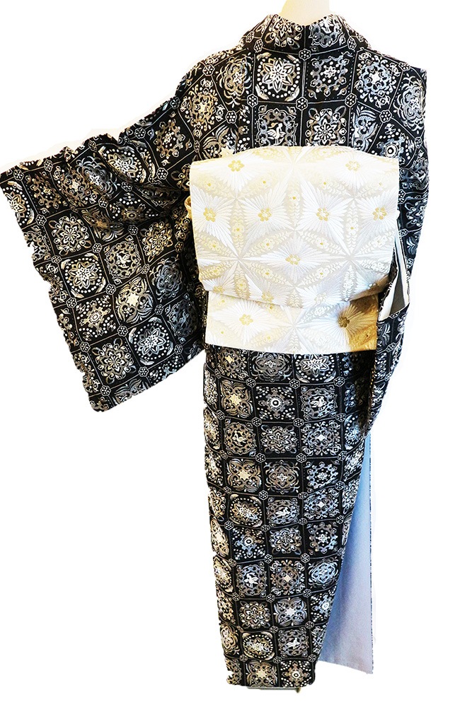 正絹訪問着レンタルフルセット「総柄汕頭蘇州刺繍/格子華紋