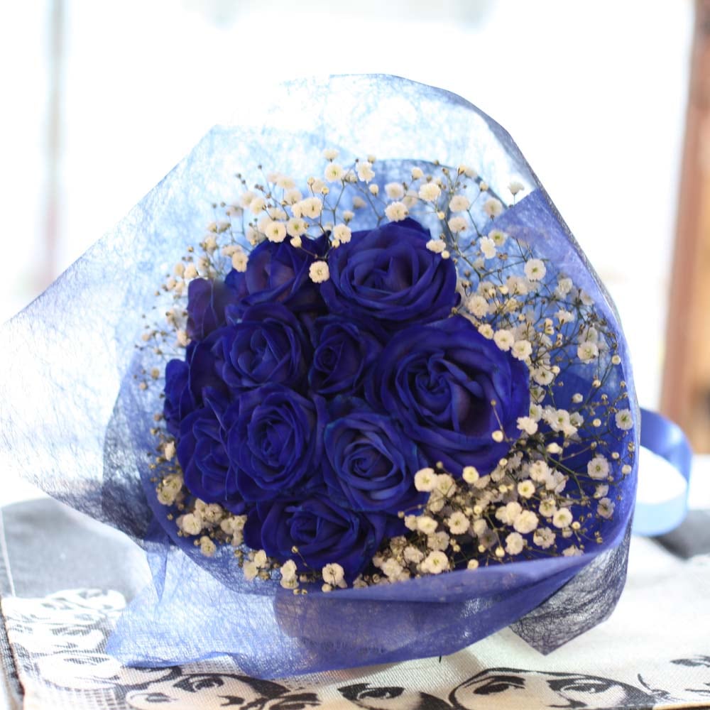青いバラ11本とキラキラかすみ草のブーケ | 色から探す,青,青いバラ
