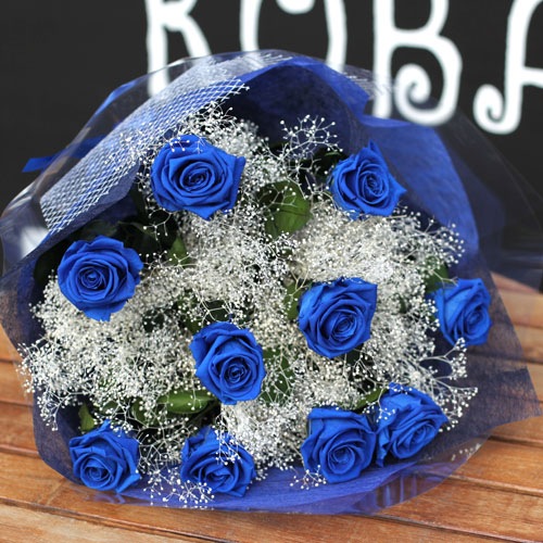 プリザーブドフラワー 青いバラ10本とかすみ草の花束 | プリザーブド