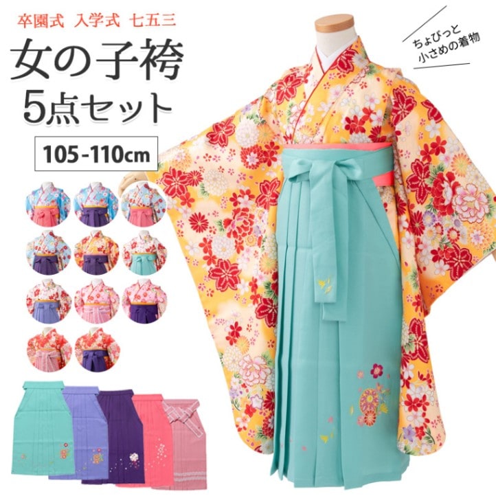 女の子 着物袴セット 卒園式袴 ちょっと小さめ 小紋 着物 刺繍袴 5点