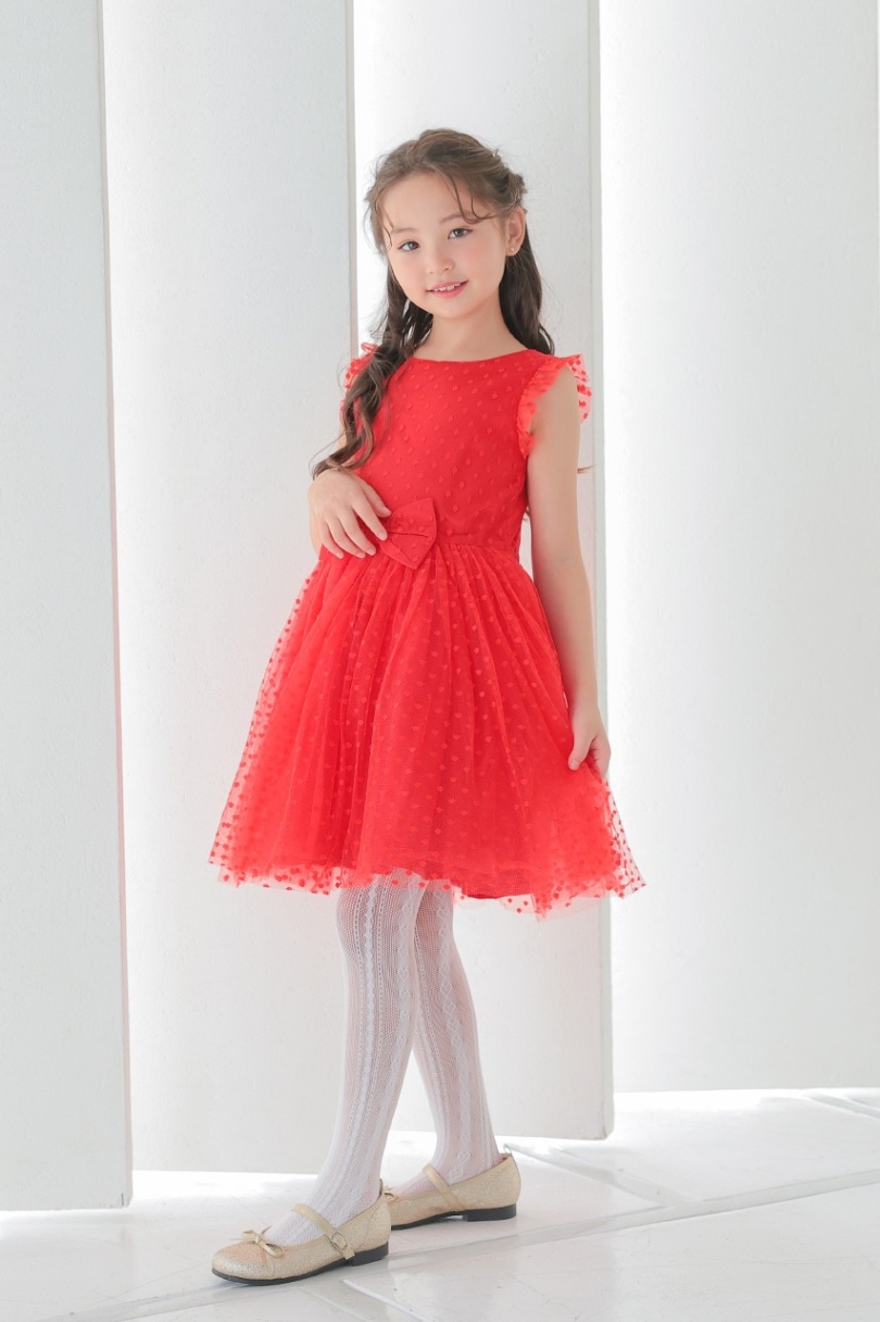 ドットチュールギャザーワンピース 7-8歳 LMK6523R ｜パーティードレス