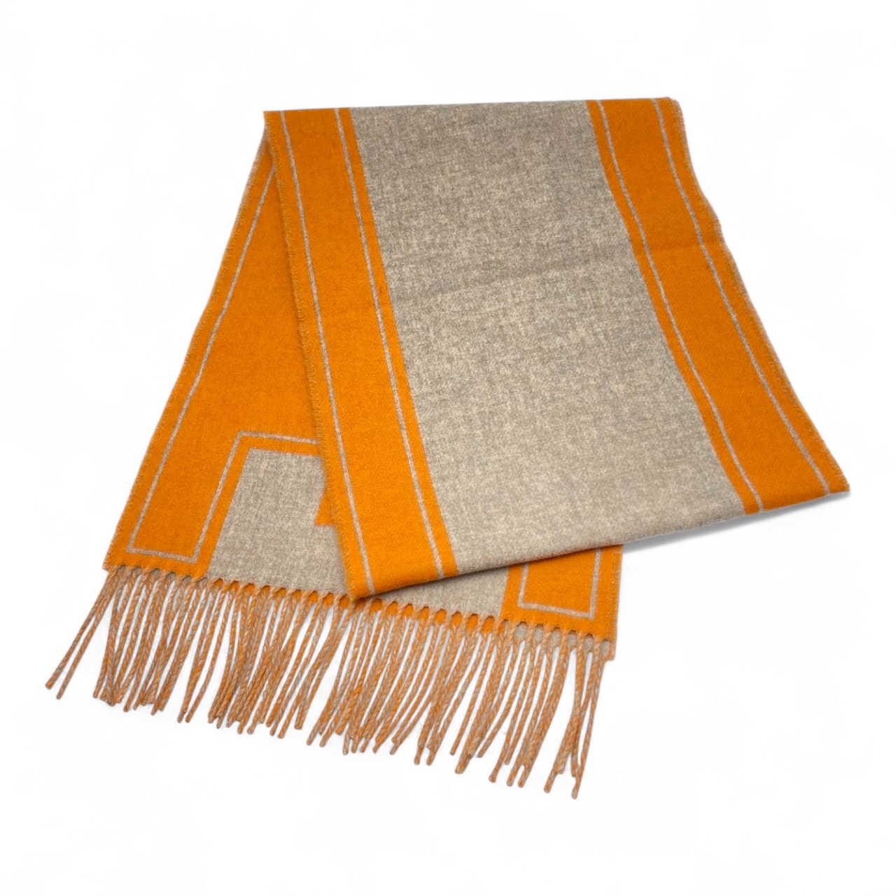 エルメス マフラー クレ・ドゥ・H 30×160 ベージュ・シネ / オレンジ