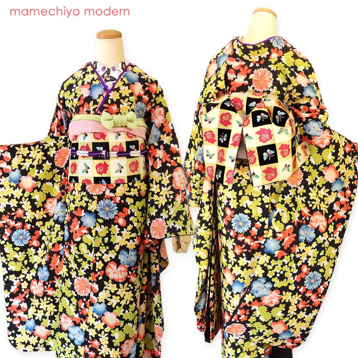 正絹 袋帯 西陣織 市松薔薇蝶