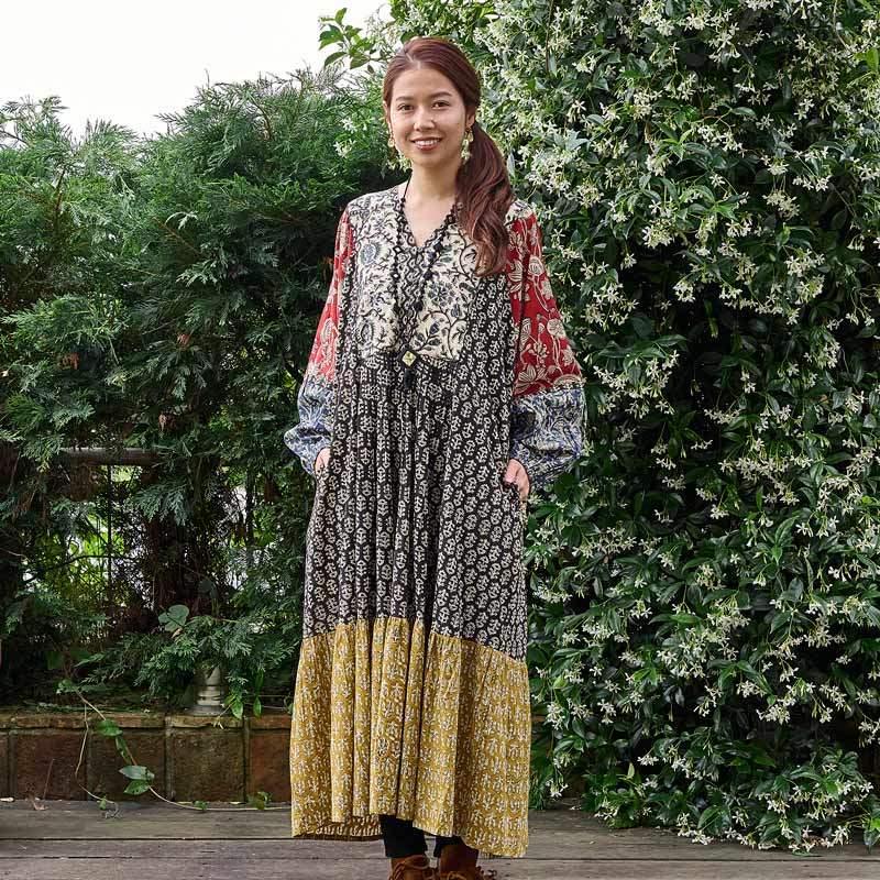 コットンブロックプリントアソート前あきワンピース｜マライカ公式通販