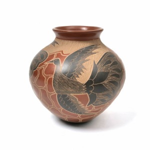 マタ・オルティス陶器 by Lupe Soto 黒い鳥 赤褐色 壺｜マライカ公式通販
