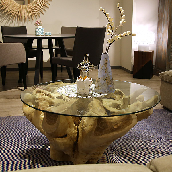 チーク×ガラス ガラステーブル ローテーブル 丸テーブル チーク古材