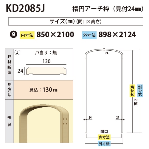 KD2085J：楕円アーチ枠 間口850 戸当り無し（見付24・見込130