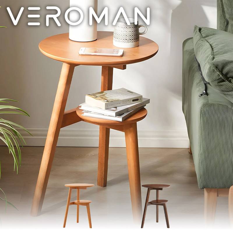 VeroMan サイドテーブル 円形 2段 木製 ソファサイド ベッドサイド