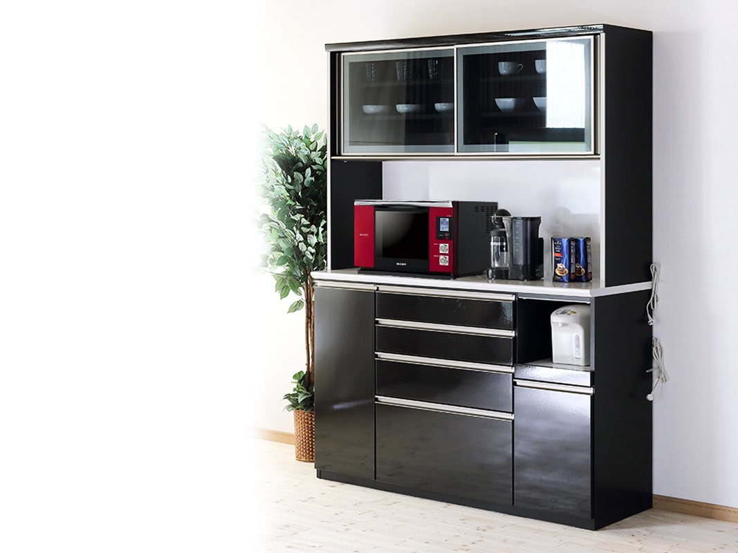 食器棚 キッチンボード 幅150 艶やかな黒 美しい鏡面ハイカウンター