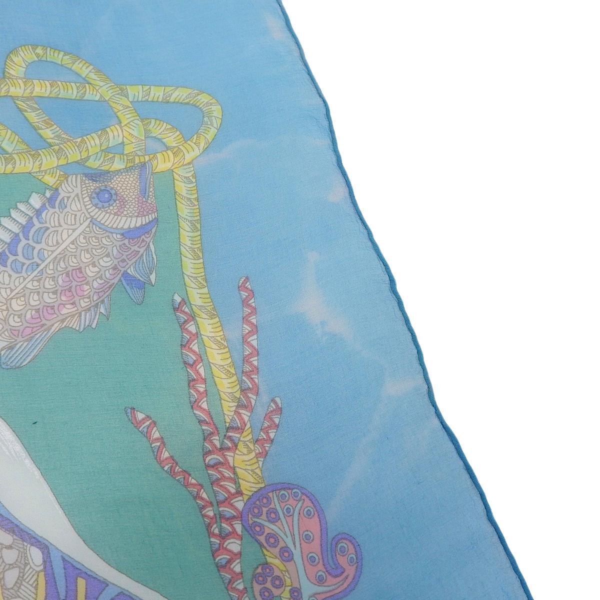 エルメス HERMES カレ90 Grands Fonds 深海 魚柄 シフォン スカーフ
