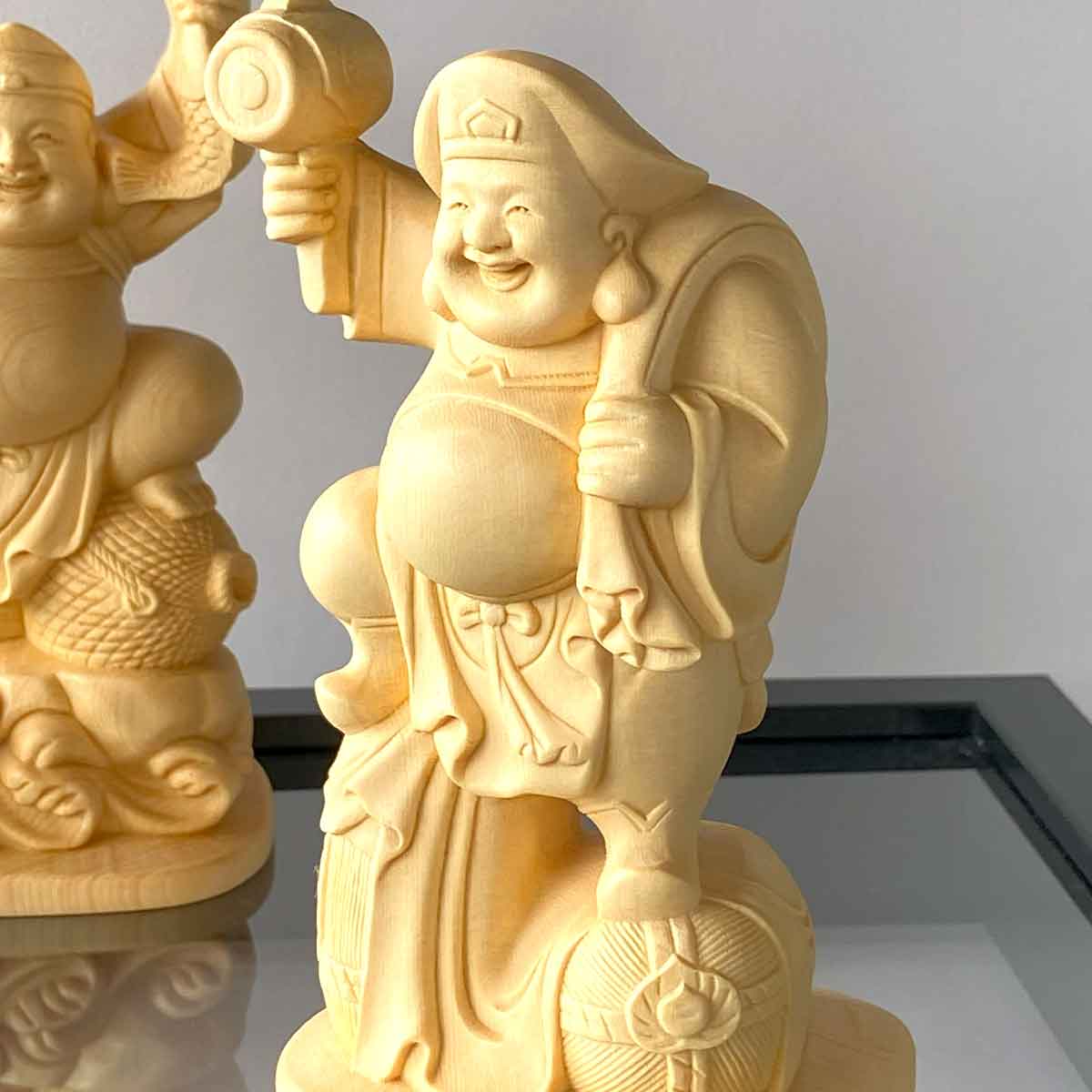 大黒天・恵比寿天 木彫り像｜商売繁盛・金運招来の七福神・神棚用