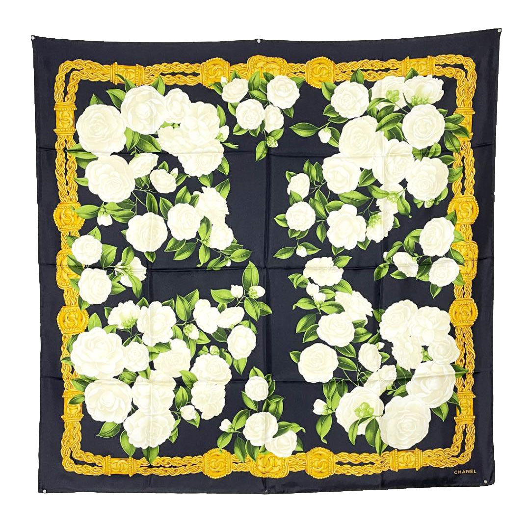 CHANEL シャネル スカーフ 薔薇 バラ 花柄 ココマーク シルク ブラック