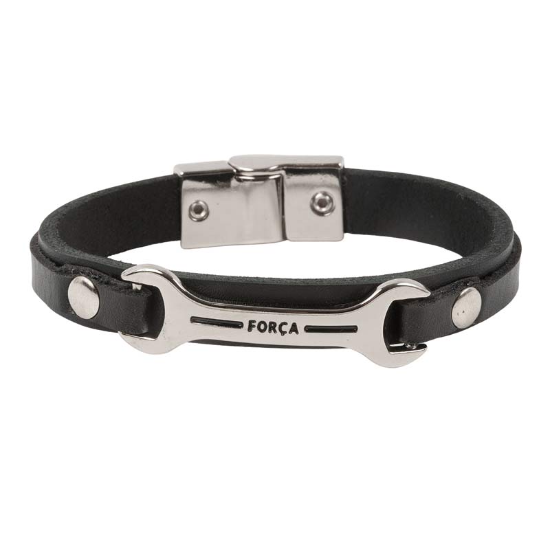 FORCAプレートデザイン ワンタッチ革紐ブレスレット ブラック｜メンズ